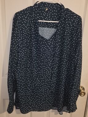 Dark Teal Polka Dot V-Neck Blouse - Women's Top with Bow